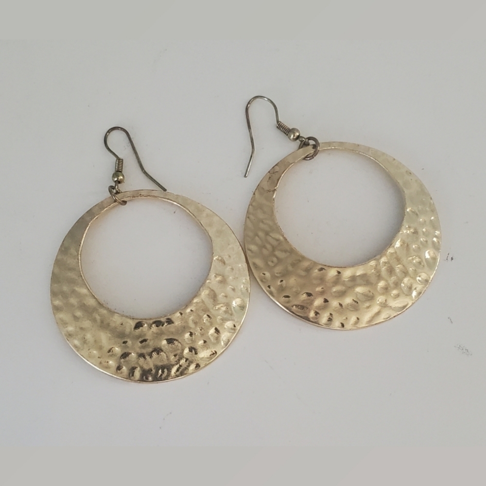 Hammered Metal Goldtoned 2" Hoop Earrings Wire Posts